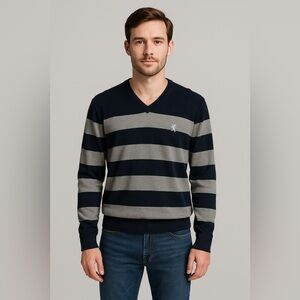 Express Men’s Striped Sweater M VTG Y2K V-Neck Rugby Knit Pullover Preppy